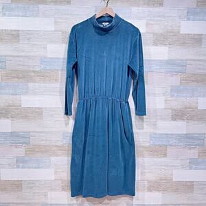 LL Bean Vintage Velour Mockneck Midi Dress Blue Cotton USA Made Womens Medium